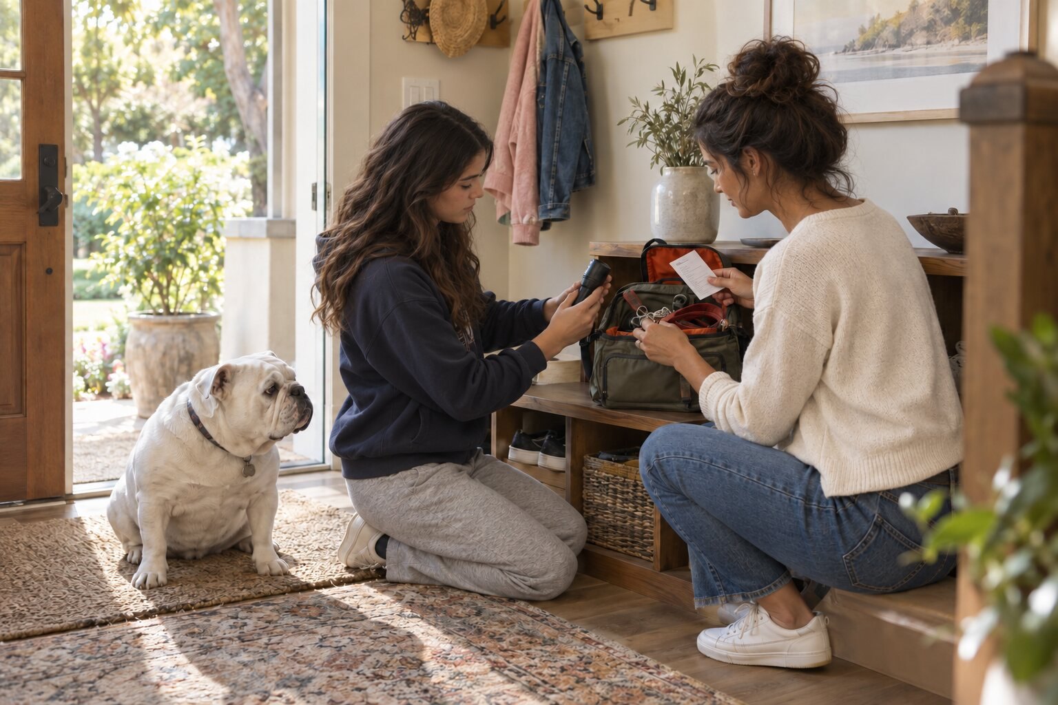 Two members of a household kneel at the entry bench checking a packed go-bag and flashlight against a written list, the bulldog sitting with them.