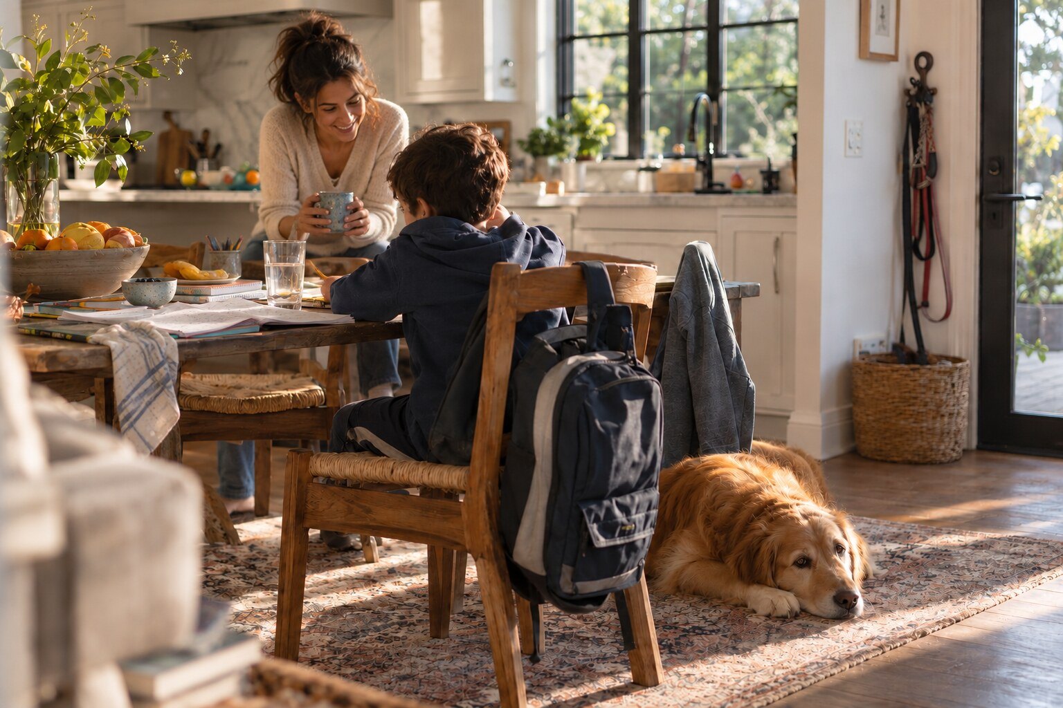 A parent sits with her son over homework at the kitchen table while the family&rsquo;s golden retriever rests beside his backpack.