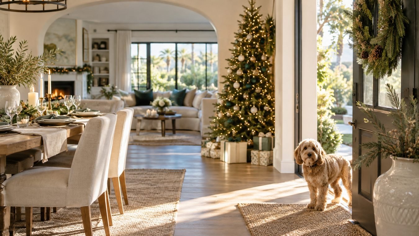 Morning light falls on a decorated tree and wrapped gifts in a lived-in family room as the family dog wanders in from the open front door.