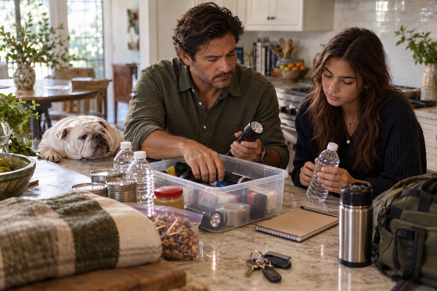 A father and teenage daughter check flashlights and water while organizing the household kit at the kitchen counter, the bulldog resting beside them.